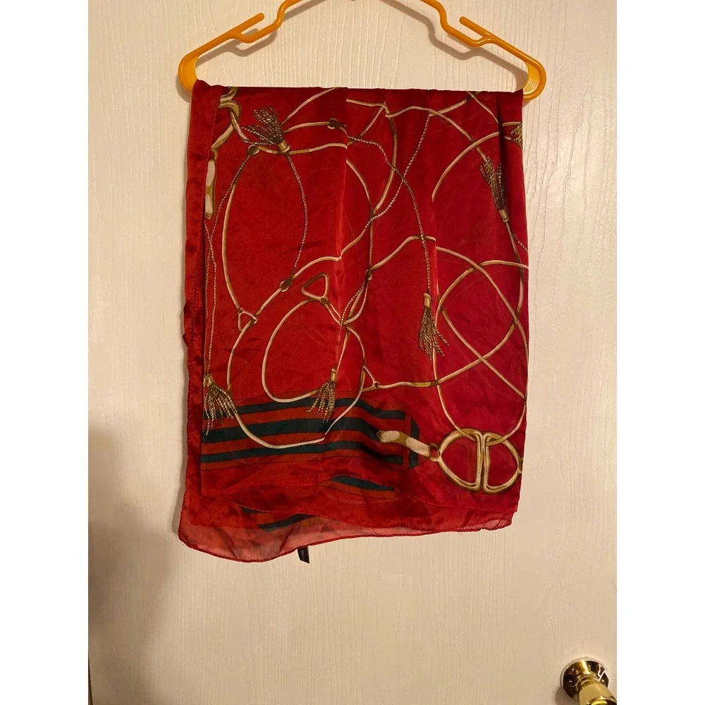 Red 100% Silk Scarf Equestrian Tassel Rope Print Nautical Square Scarf 0273